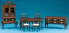 Dollhouse Miniature 7Pc Walnut Dining St/Buff-Cabinet
