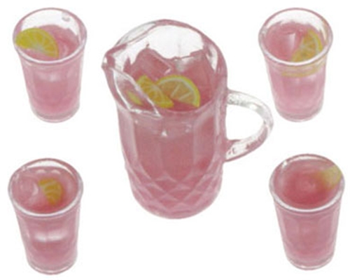 Dollhouse Miniature Pink Lemonade Set Of Pitcher W/4 Glasses