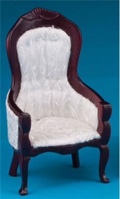 Dollhouse Miniature Victorian Gent's Chair, Mahogany, White Brocade