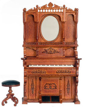 High Back Piano with Mirror and Stool