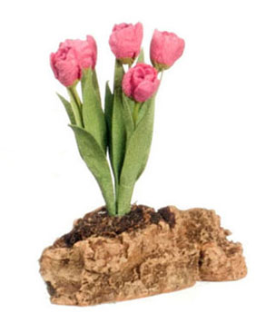Dollhouse Miniature Red Tulip Plant on a Rock Falcon Miniatures
