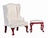 Dollhouse Miniature Queen Anne Wing Chair with Stool, White, Mahogany