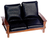 Dollhouse Miniature Sofa, Black Leather, Walnut