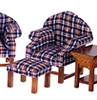 Dollhouse Miniature Dark Plaid Chair, Ottoman, Walnut