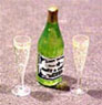 Dollhouse Miniature Champagne Bottle W/2 Filled Fluted Glasses