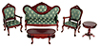 Dollhouse Miniature Victorian Living Room Set, 5Pc, Green, Mahogany