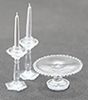 Dollhouse Miniature Cake Plate W/2 Candlesticks, Clear