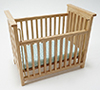 Slatted Nursery Crib, Oak with Blue Pattern Fabric