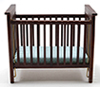 Slatted Nursery Crib, Walnut with Blue Pattern Fabric