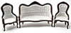 Victorian Sofa and Chair Set, 3Pc, Walnut, White Brocade Fabric