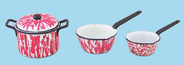 Dollhouse Miniature Pot with Lid 2 Sauce Pans Flow Red