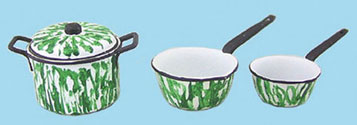 Dollhouse Miniature Pot W/Lid/2 Sauce Pans Flow Green