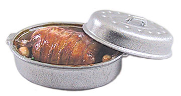 Dollhouse Miniature Pot Roast In Silver Roaster