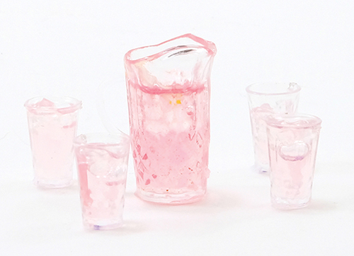 Dollhouse Miniature Pink Lemonade Set Of Pitcher W/4 Glasses