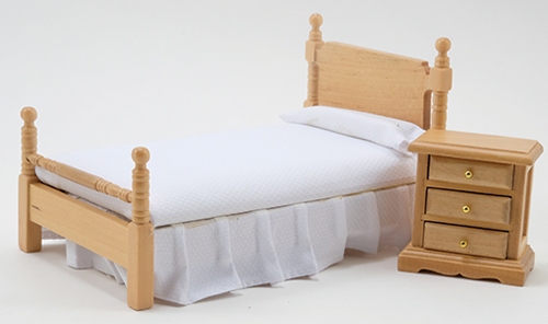 Dollhouse Miniature Bed & Night Stand, Oak