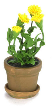 Dollhouse Miniature Chrysanthemum In Pot, Golden