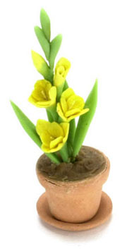 Dollhouse Miniature Gladiolus In Clay Pot, Yellow