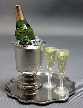 Dollhouse Miniature Champagne Bucket Tray-W/ Champagne, Ice & Flutes